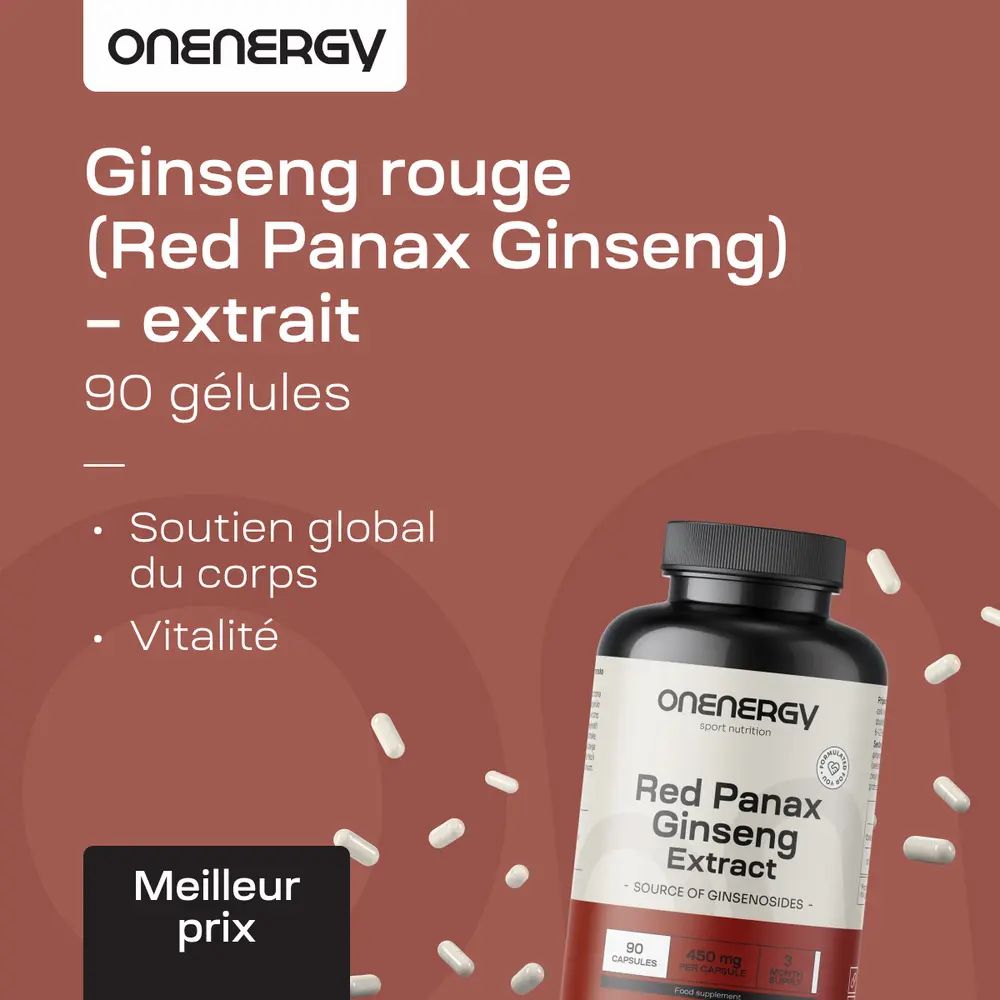 Flacon OnEnergy Ginseng rouge extrait, 90 gélules, Énergie, Vitalité.