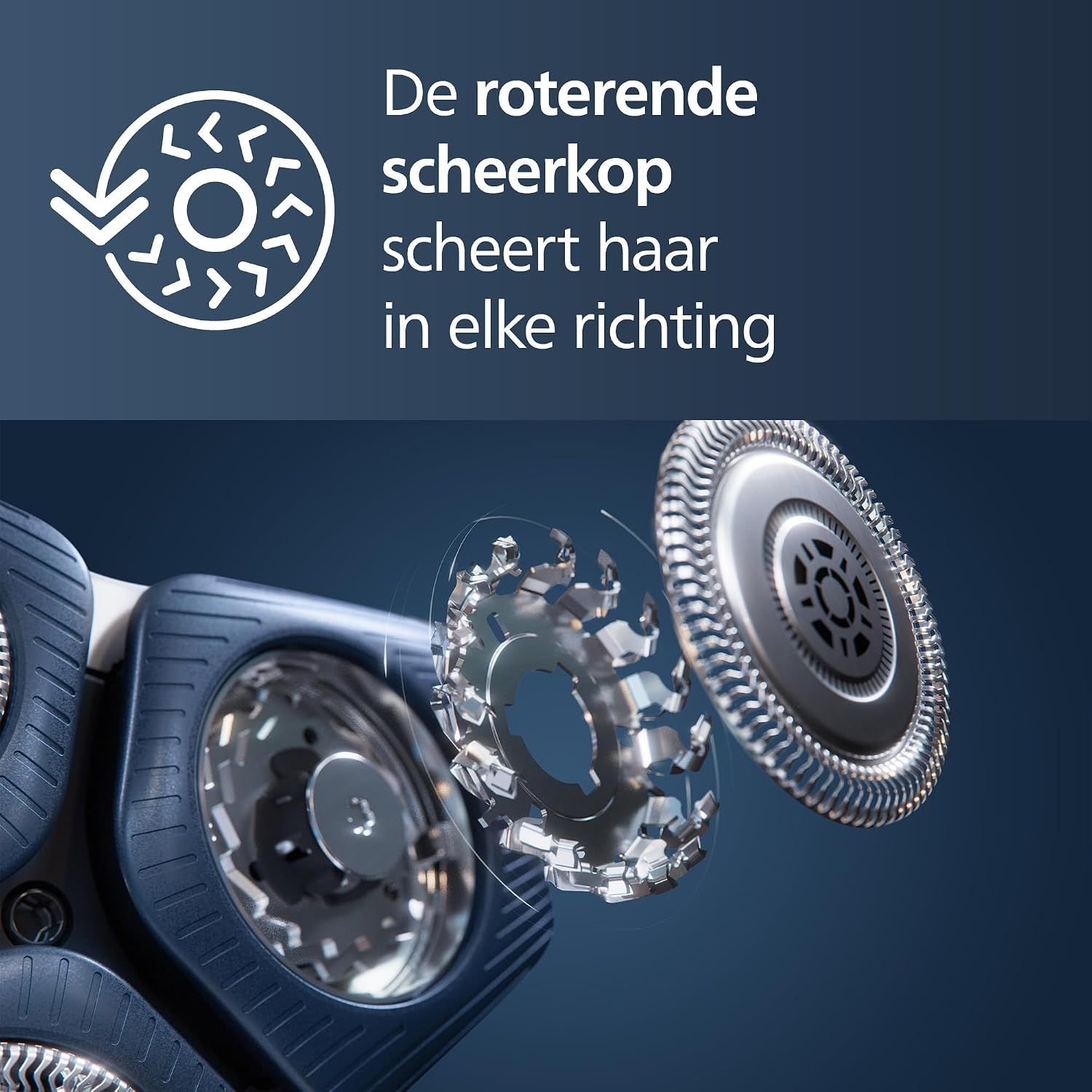 Gedetailleerd zicht op een roterende scheerkop met blootgestelde messen en beschermrooster.