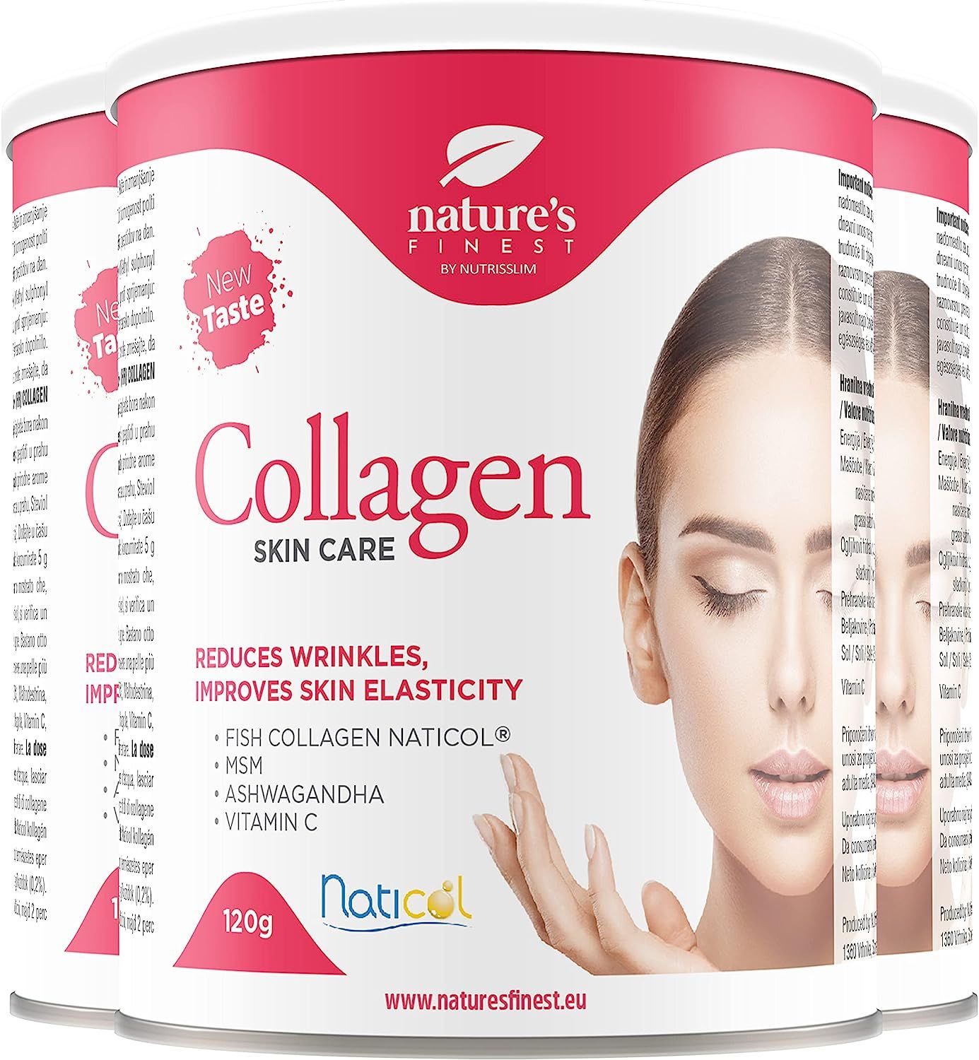 Trois boîtes Kollagen SkinCare. Emballage rouge et blanc. Texte: Collagen Skin Care, réduit les rides, améliore l'élasticité.
