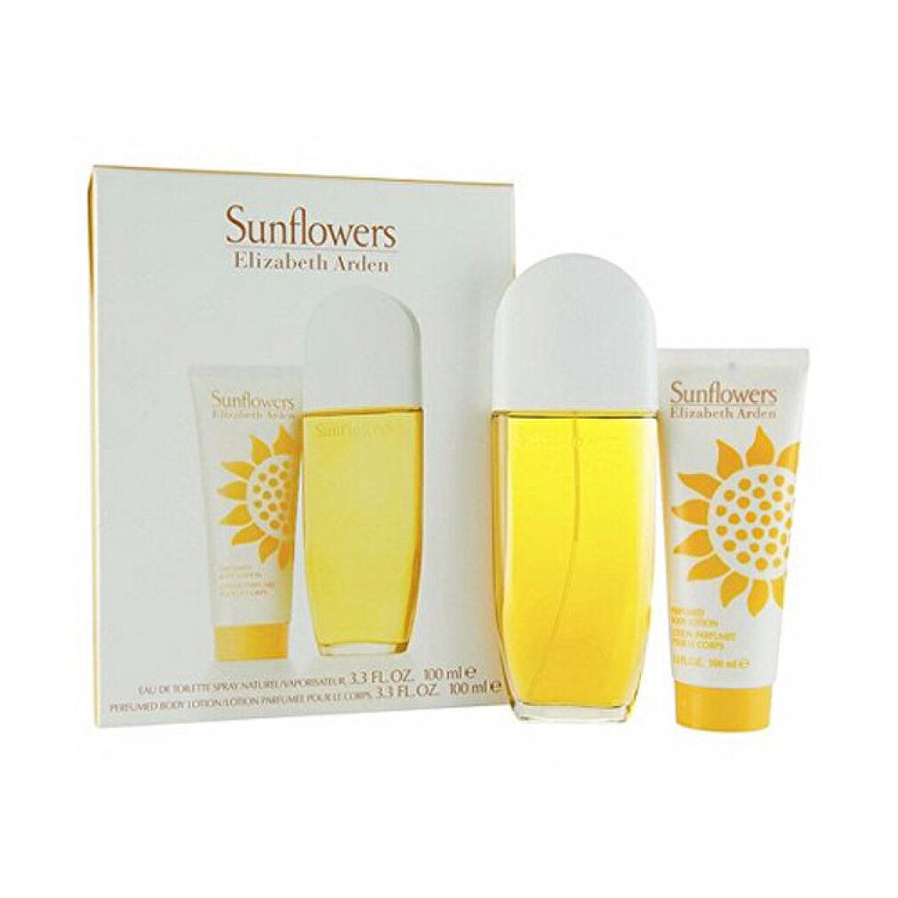 Cadeauset met Eau de Toilette spray, tube en flacon. Zonnebloem print. Witte verpakking.