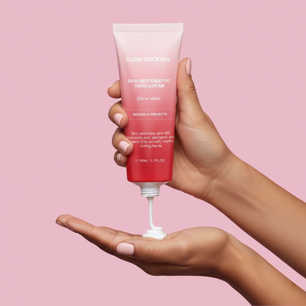 Handcrèmetube in handen. Crème wordt op de handpalm gedrukt. Tekst: Glow Cocktail, Skin Restorative Hand Cream, Crème Mains.