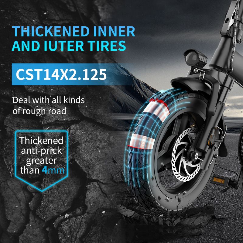 Gros plan sur le pneu. Texte : 'THICKENED INNER AND OUTER TIRES' et 'CST14X2.125'.