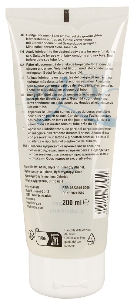 Achterkant van een tube transparante gel. Tekst: Gebruik, ingrediënten, fabrikant, lotnummer, 200 ml.