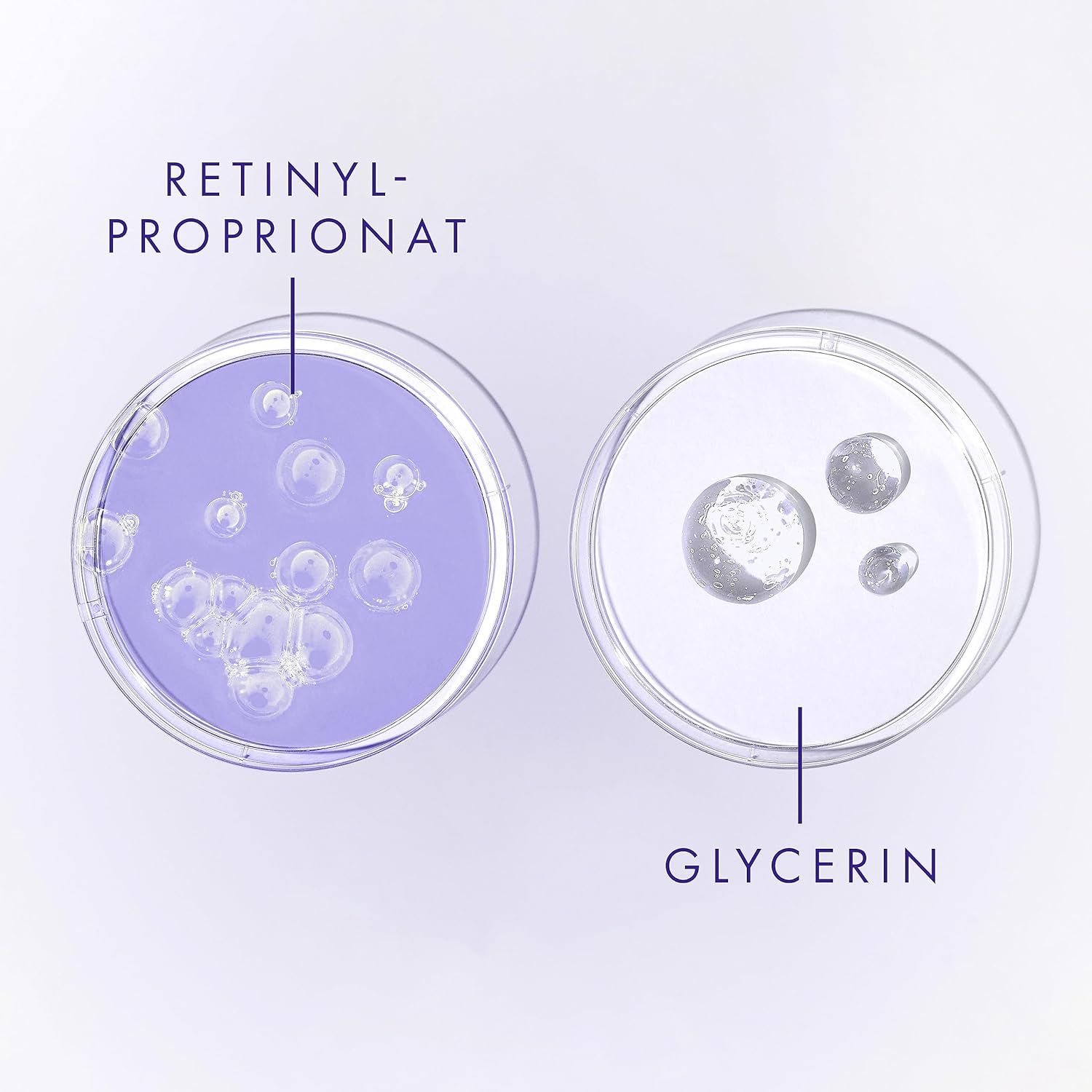 Deux boîtes de Pétri avec liquides. Étiquettes: Retinyl-Propionate et Glycérine.