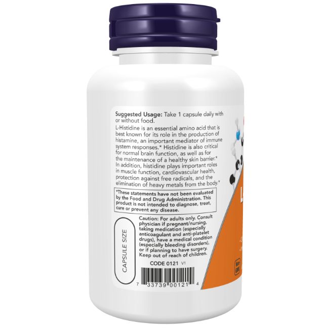 Achterkant van de Now Foods L-Histidine 600 mg fles met gebruiksaanwijzing en ingrediënten. Witte fles met oranje-wit etiket.
