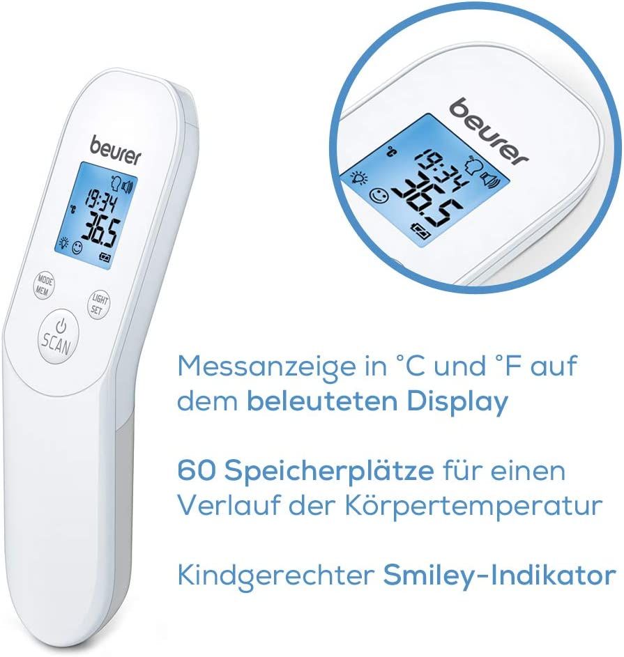 Witte thermometer met blauw display. Tekst: Weergave in °C en °F, 60 geheugenplaatsen, kindvriendelijke smiley-indicator. Merk: Beurer.