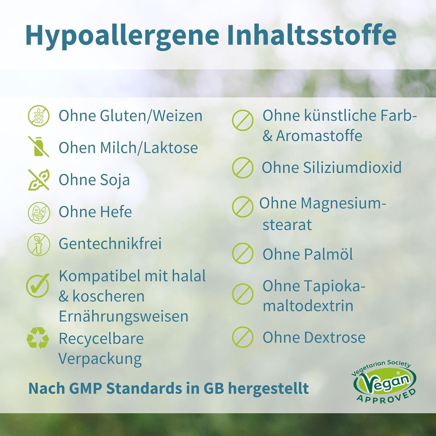 Liste des ingrédients hypoallergéniques et certifications pour Igennus Super B-Komplex.