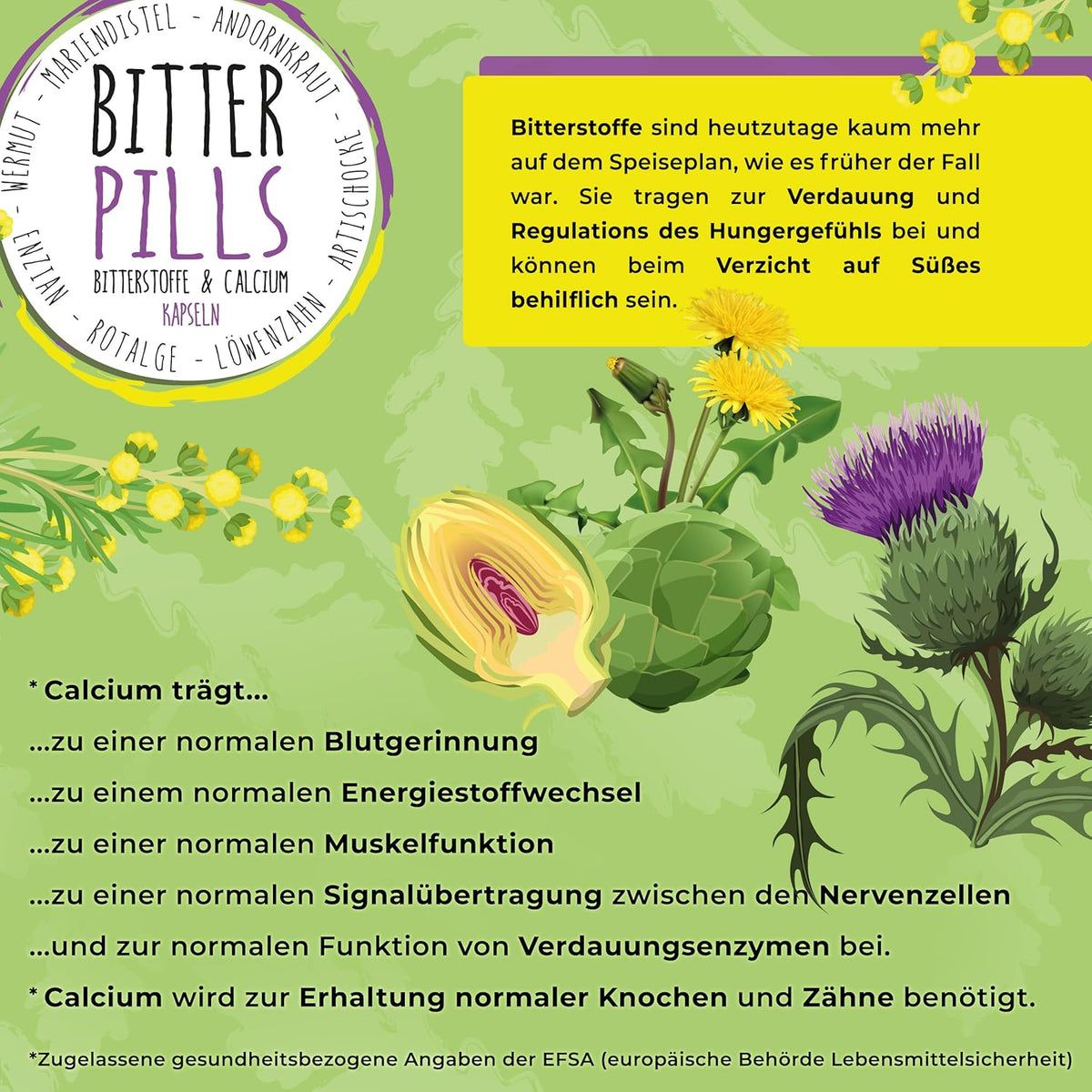 Texte avec informations sur le calcium. Illustration d'artichaut, chardon et pissenlit. Fond jaune.