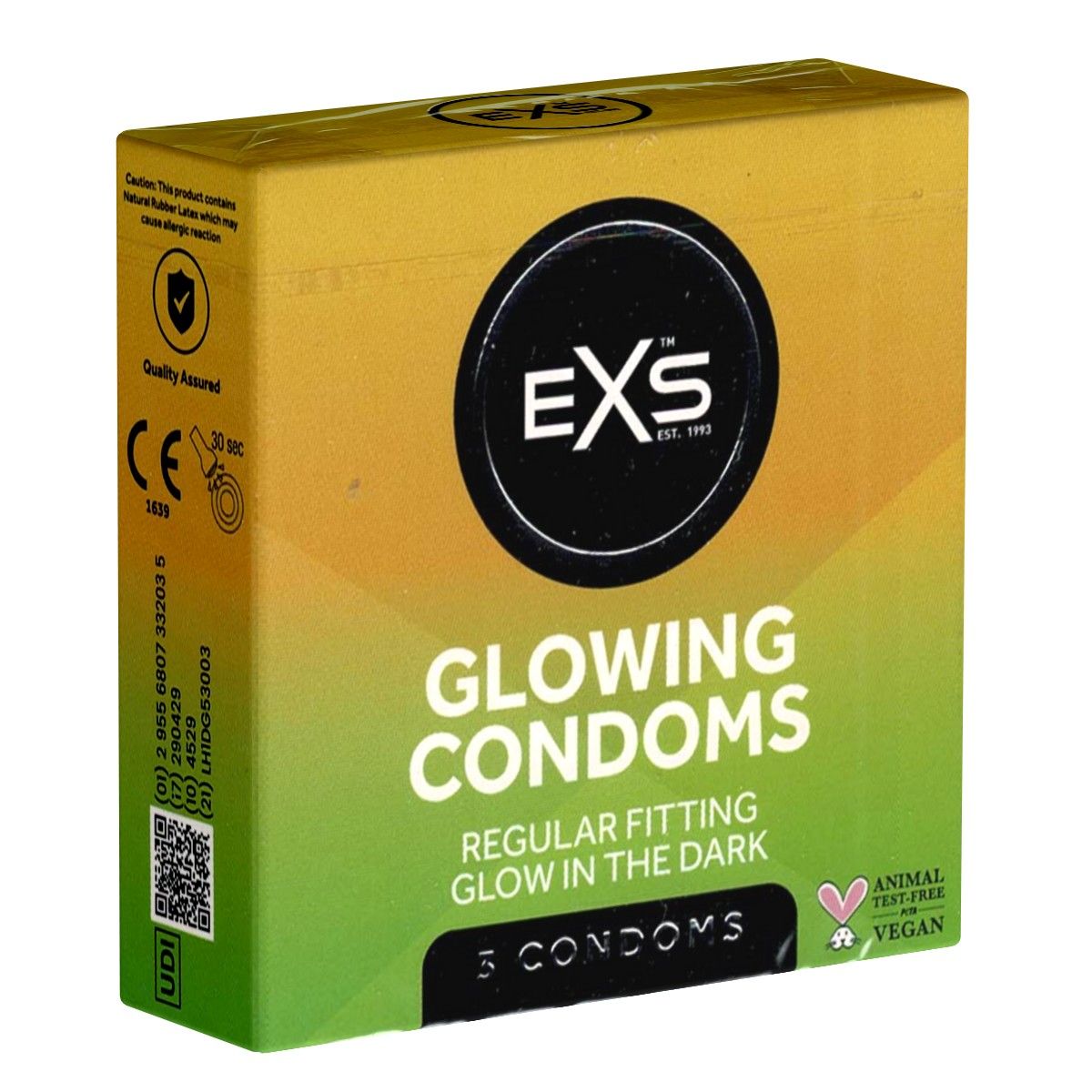 Boîte jaune avec logo EXS, « Glowing Condoms » et « Regular fitting Glow in the Dark ». Logo Vegan.