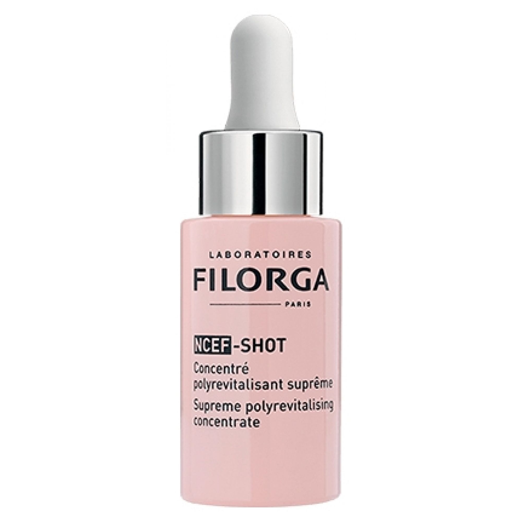 Un flacon compte-gouttes rose avec bouchon argenté et compte-gouttes blanc, étiqueté FILORGA NCEF-SHOT.