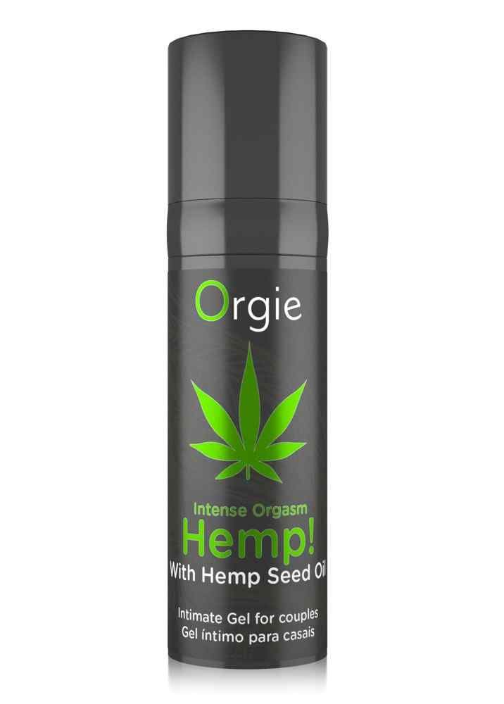 Donkere fles met groen logo en tekst. Productnaam: Orgie Hemp! Intense Orgasm. Intieme gel voor koppels.
