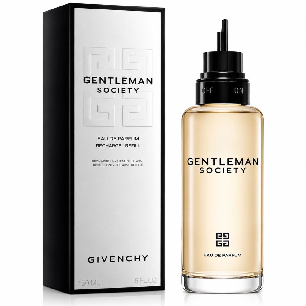Givenchy Gentleman Society Eau de Parfum fles en navulverpakking. Zwarte dop met applicator.