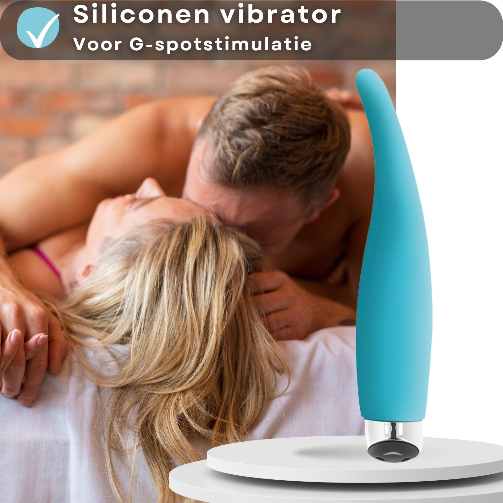 Blauwe vibrator. Tekst: Siliconen vibrator, voor G-spot stimulatie. Paar op achtergrond.