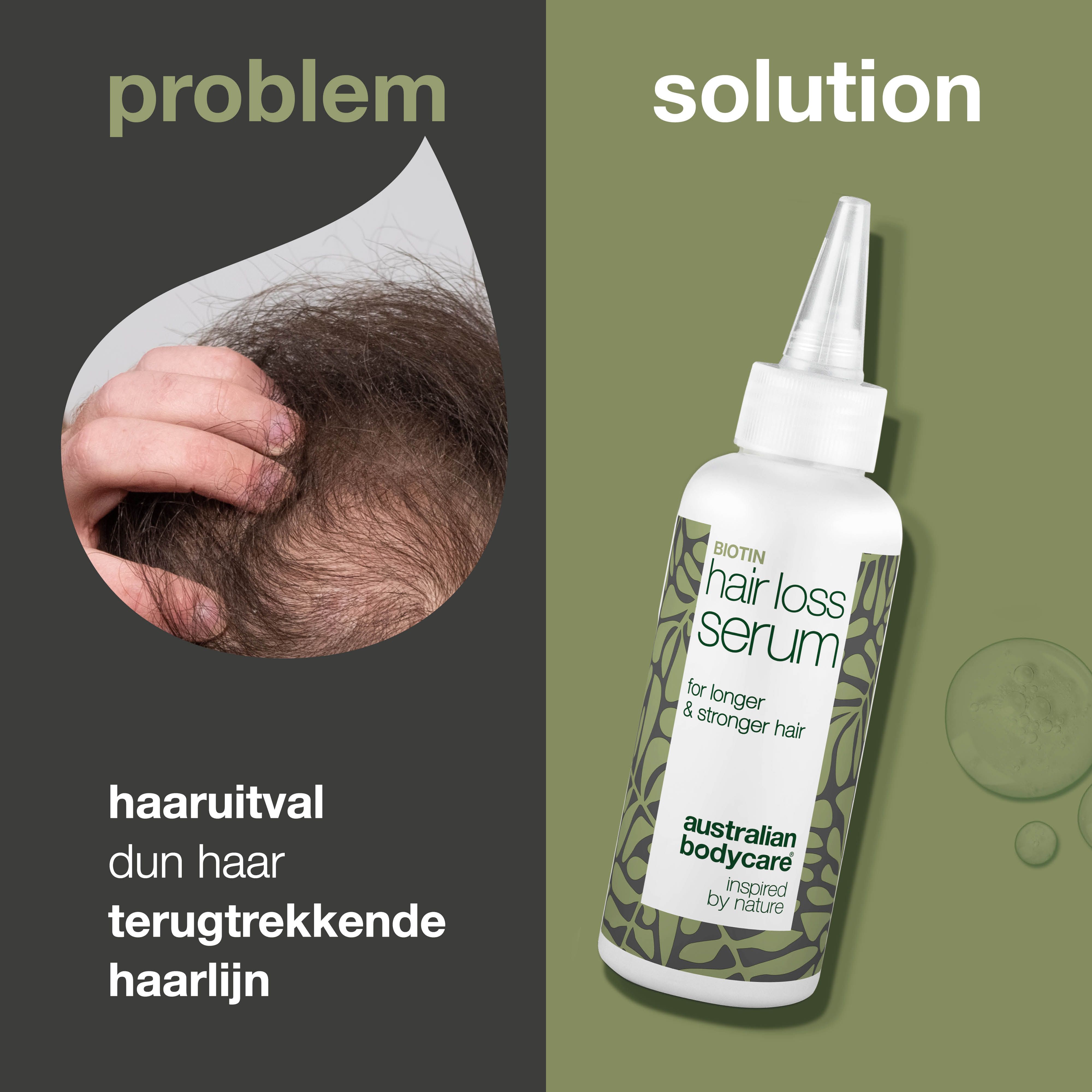 Haaruitval en serum. Serumflesje met "Hair Loss Serum". Merk: Australian Bodycare.