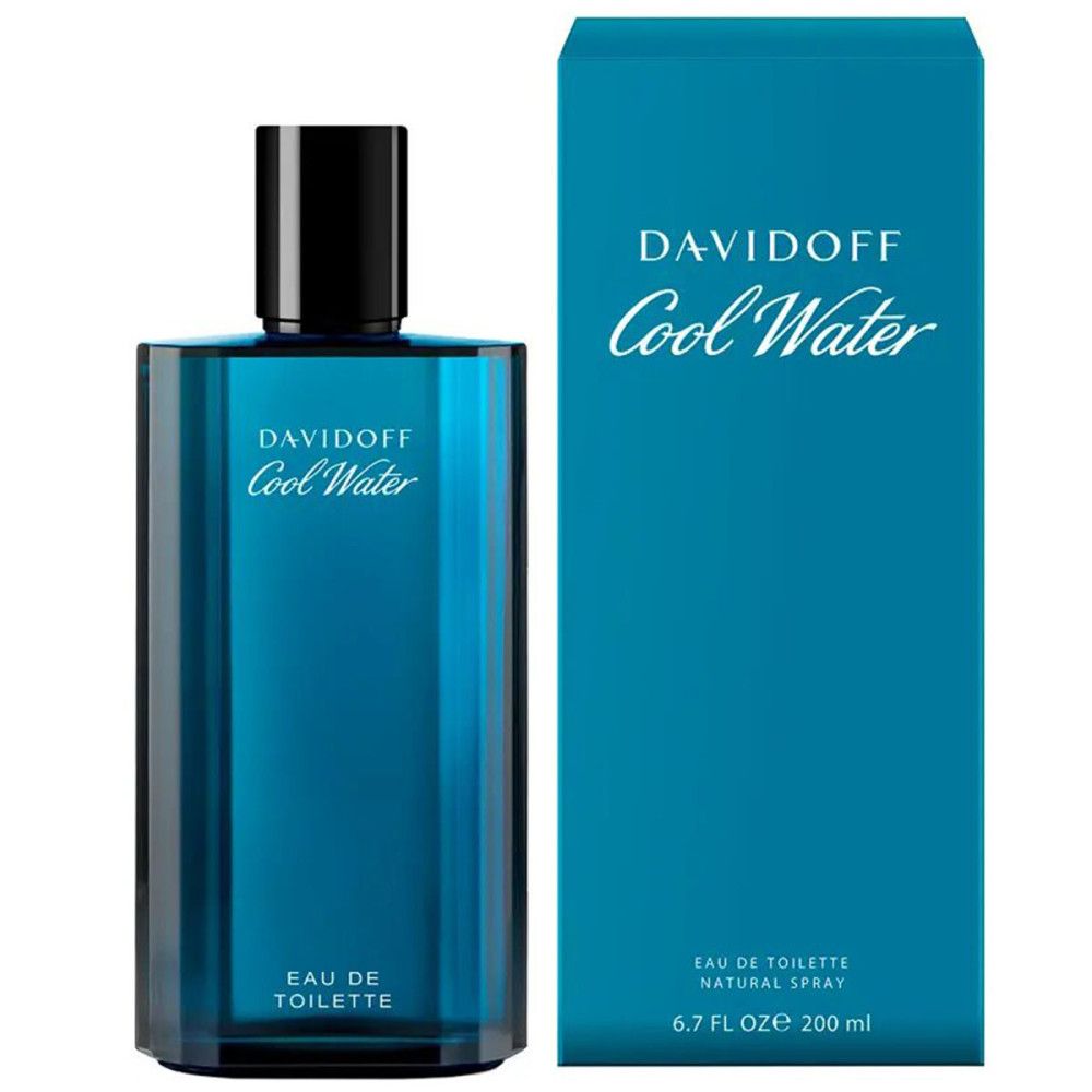 Davidoff Cool Water Eau de Toilette fles en verpakking. Blauw glas, zwarte dop. Blauwe verpakking. Opschrift: Davidoff Cool Water.