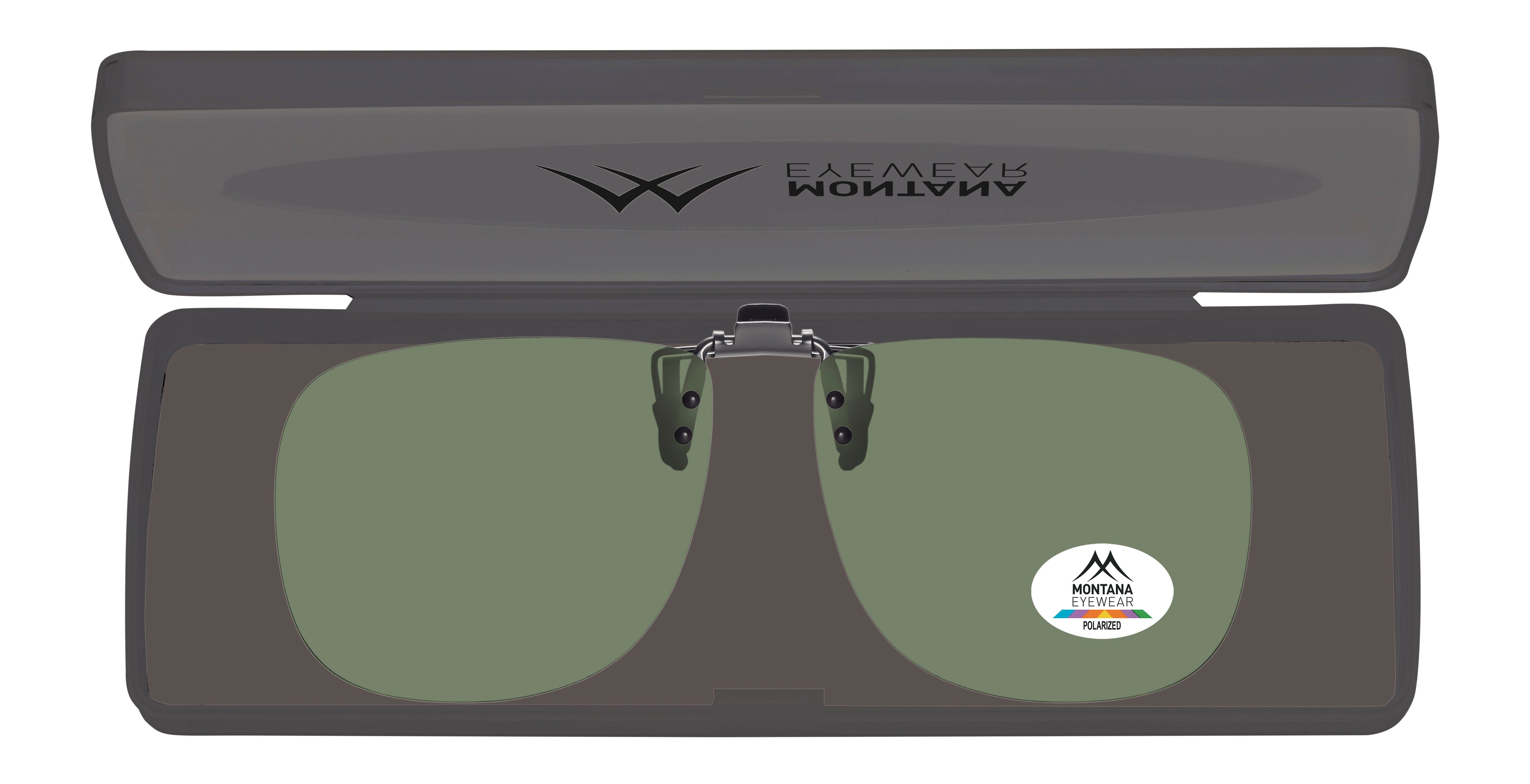 Lunettes de soleil à clipser dans un étui. Verres verts, clip argenté. Logo Montana Eyewear et autocollant Polarized.