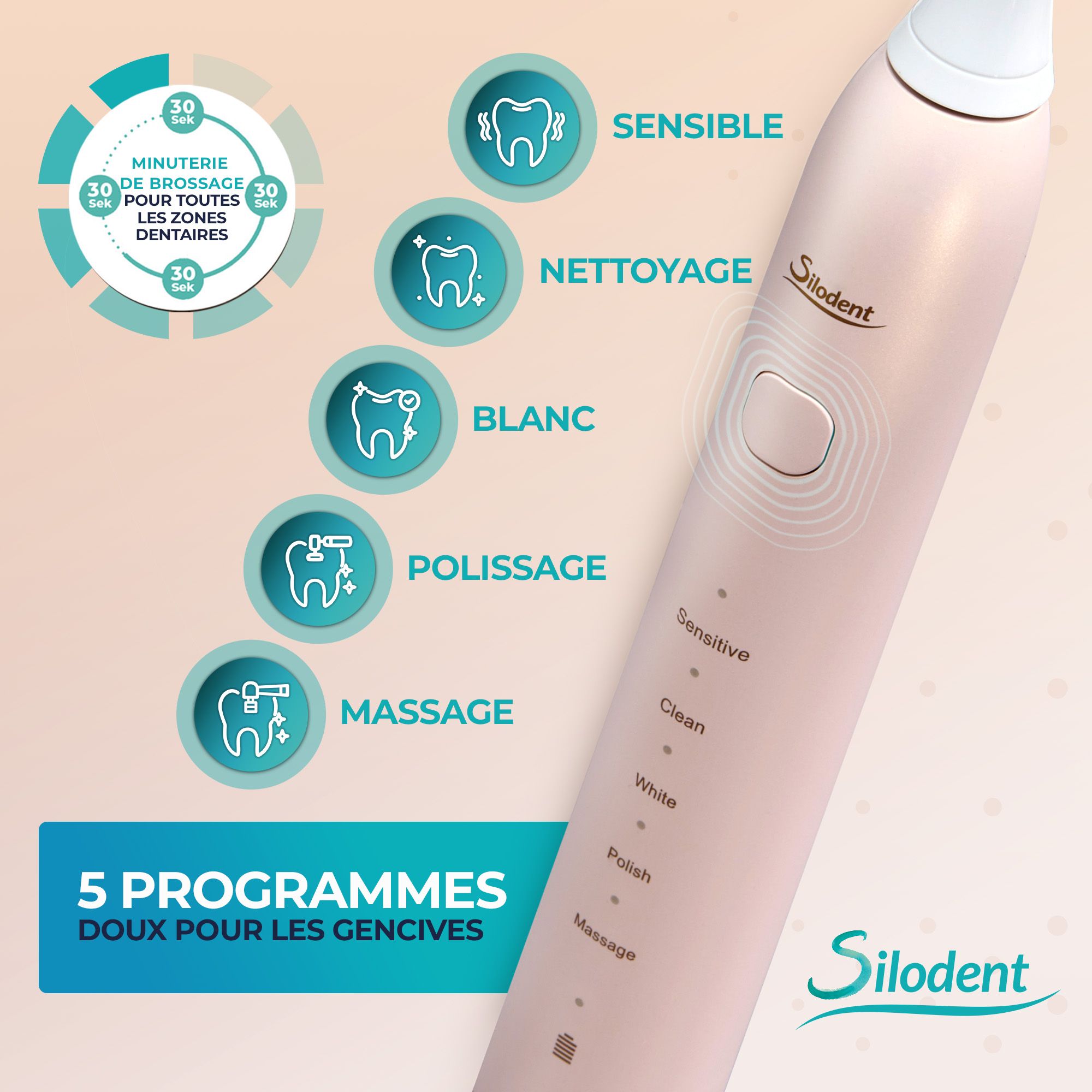 Brosse à dents sonique Silodent rose avec cinq programmes de nettoyage et indicateur de minuterie.