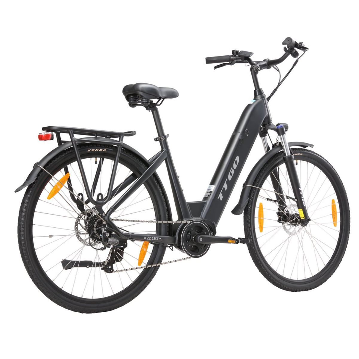Vélo électrique noir avec porte-bagages, garde-boue et logo TTGO. Pneus Kenda et réflecteurs orange.