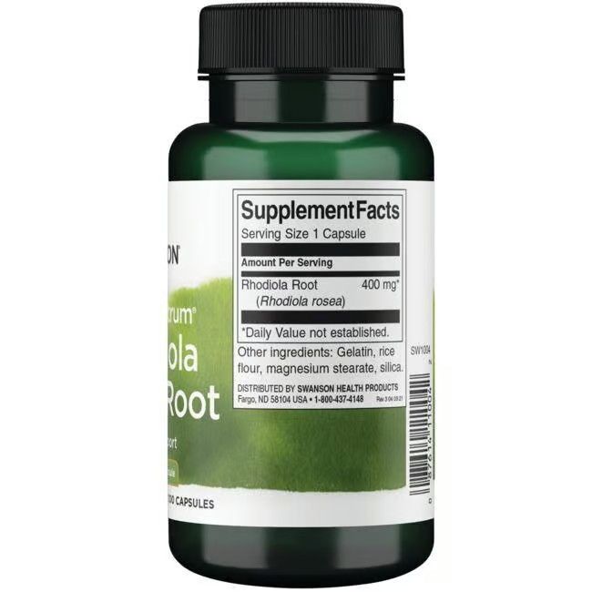 Flacon vert, bouchon noir. Dos avec informations nutritionnelles: Rhodiola Root 400 mg. Autres ingrédients: gélatine, riz, etc.