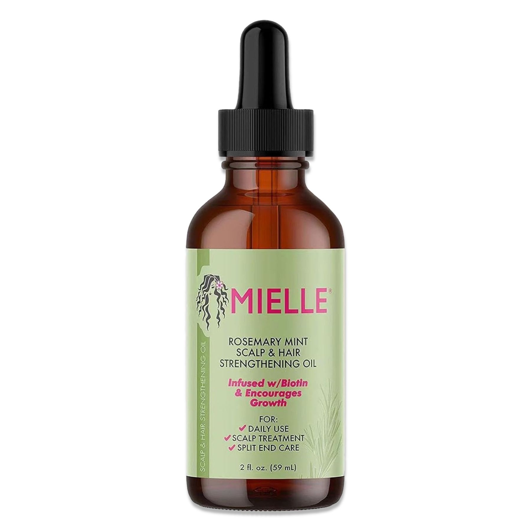 Flacon en verre brun avec pipette noire. Étiquette avec texte et logo. Nom du produit : Rosemary Mint Scalp & Hair Strengthening Oil.