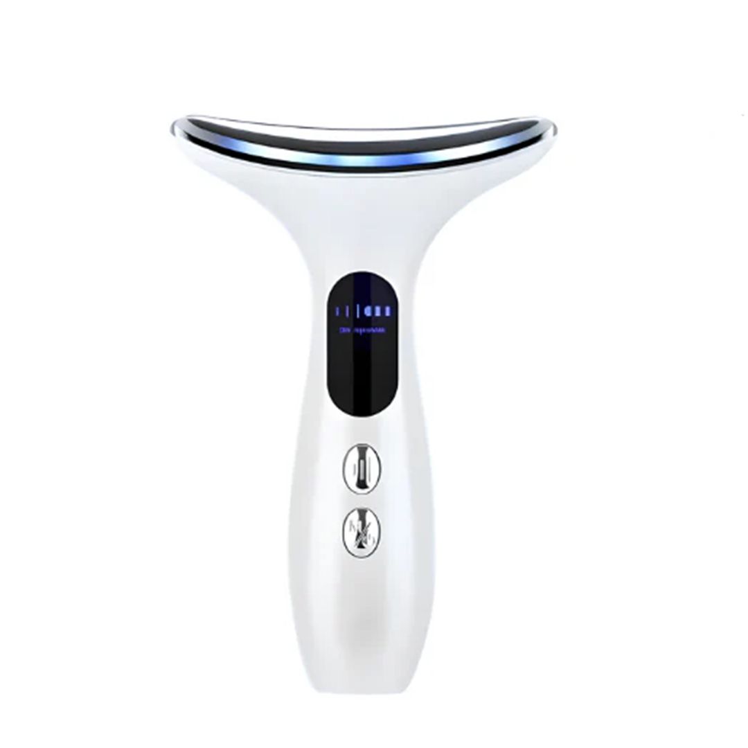 Appareil blanc de lifting du visage avec écran bleu et deux boutons, doté d'une barre lumineuse LED.