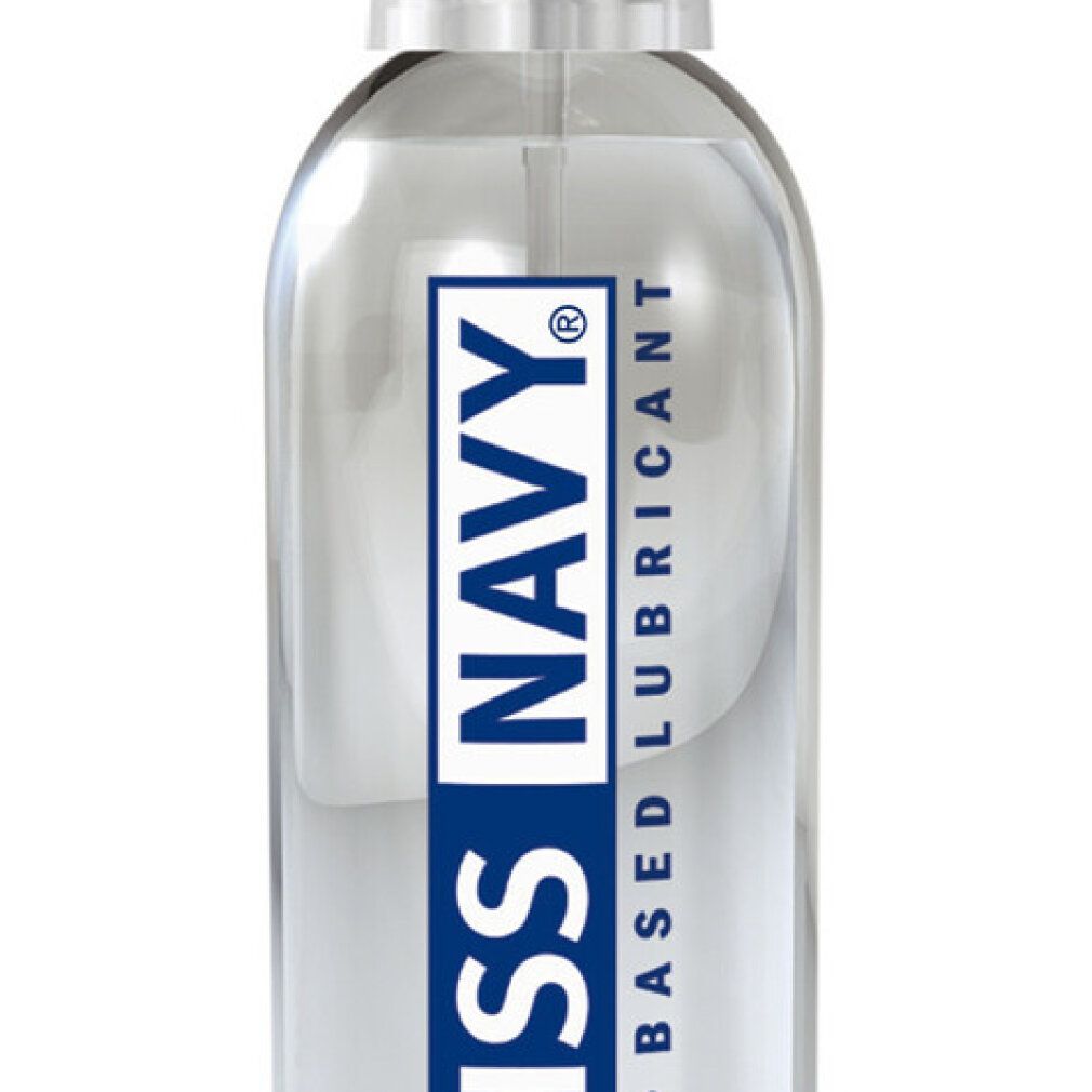 Transparante fles glijmiddel op waterbasis met blauw-wit etiket.