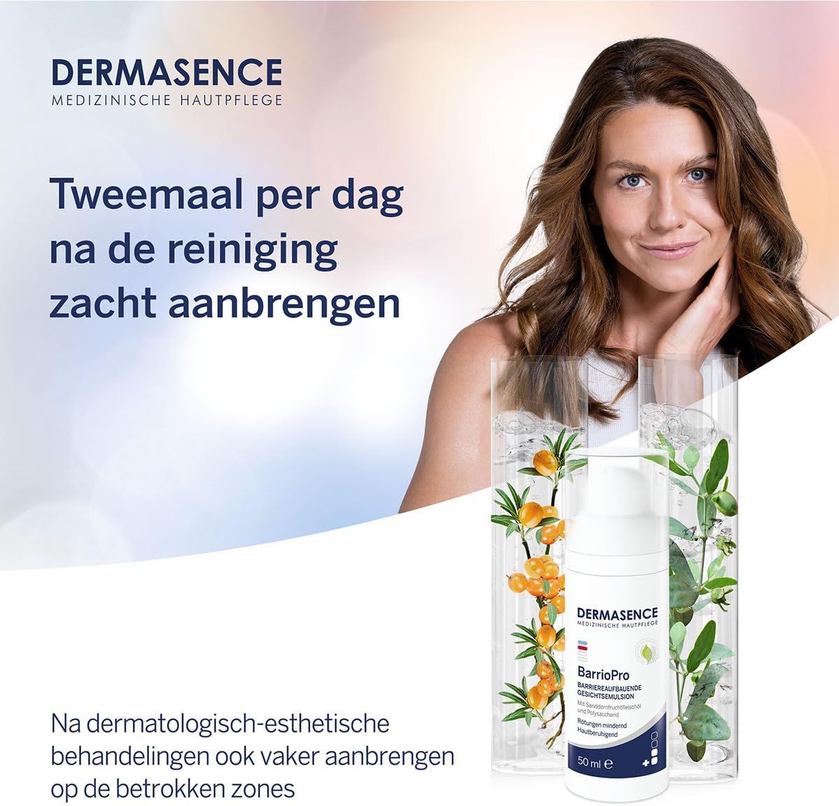 Dermasence Barriopro crème in witte fles met dispenser, 50ml. Omringd door plantenmotieven.