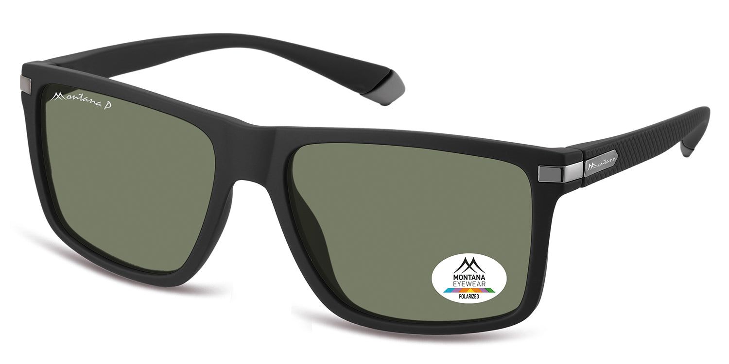 Lunettes de soleil noires à verres rectangulaires. Logo Montana Eyewear et autocollant de polarisation. Branches avec détails argentés.
