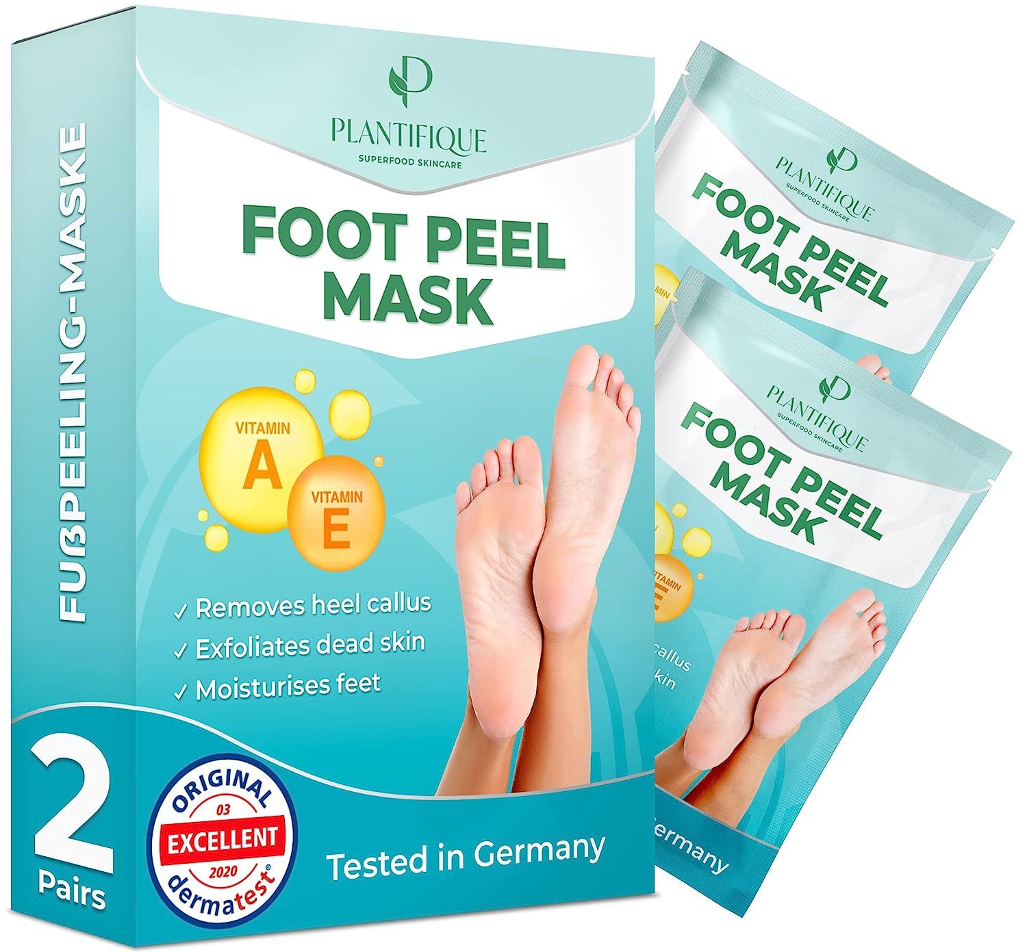 Emballage de masques pour les pieds. Contient deux paires de chaussettes. Inscription : Foot Peel Mask, Vitamine A & E, élimine les callosités, exfolie la peau morte, hydrate les pieds.