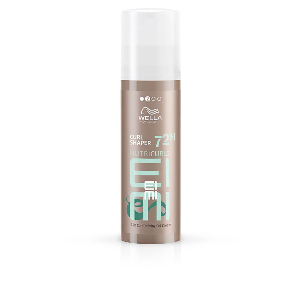 Flacon cylindrique. Bouchon blanc, corps marron avec texte EIMI Nutricurls. Logo Wella.