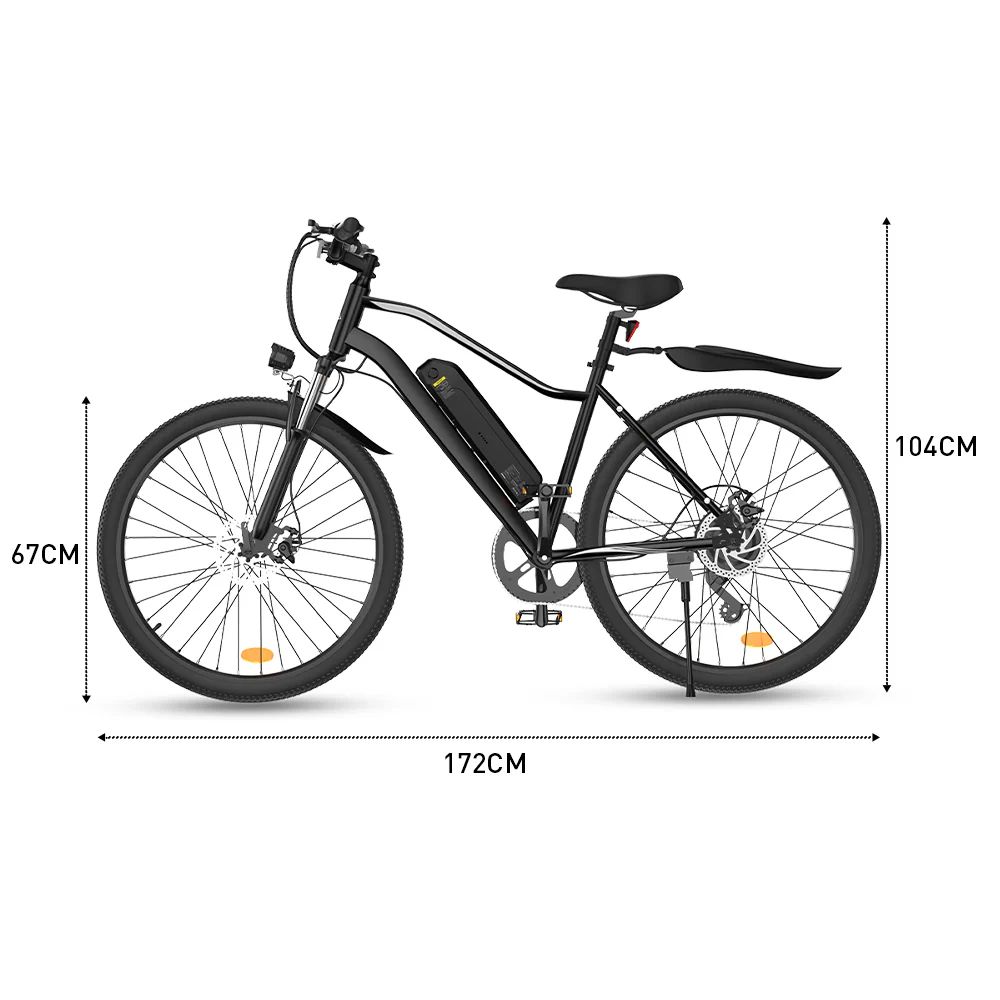 Vélo électrique noir avec dimensions. Hauteur 104 cm, longueur 172 cm. Vue latérale.