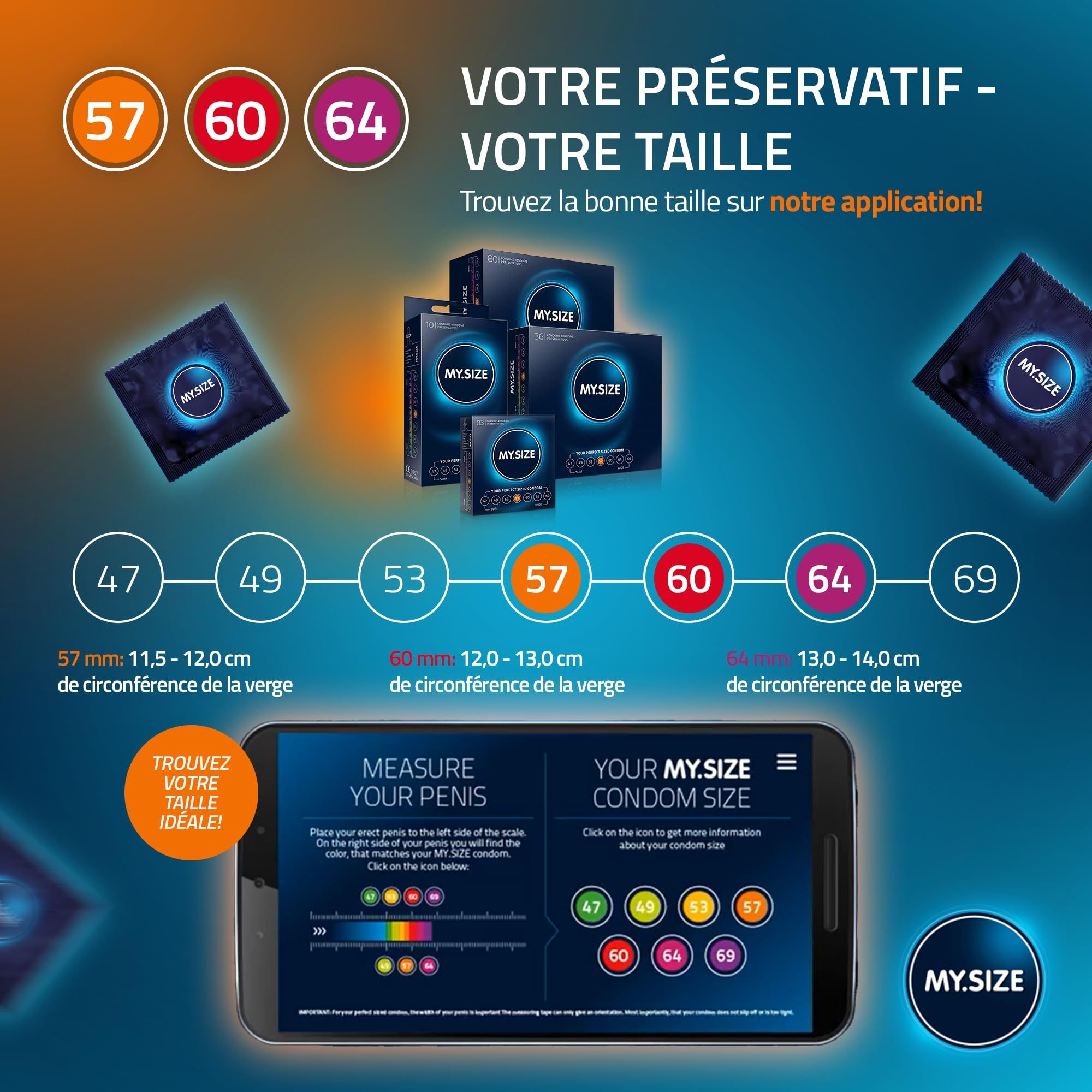 Couple s'enlaçant, entouré de paquets de préservatifs MY.SIZE et d'icônes pour l'individualité, l'usage, la durabilité et la qualité.