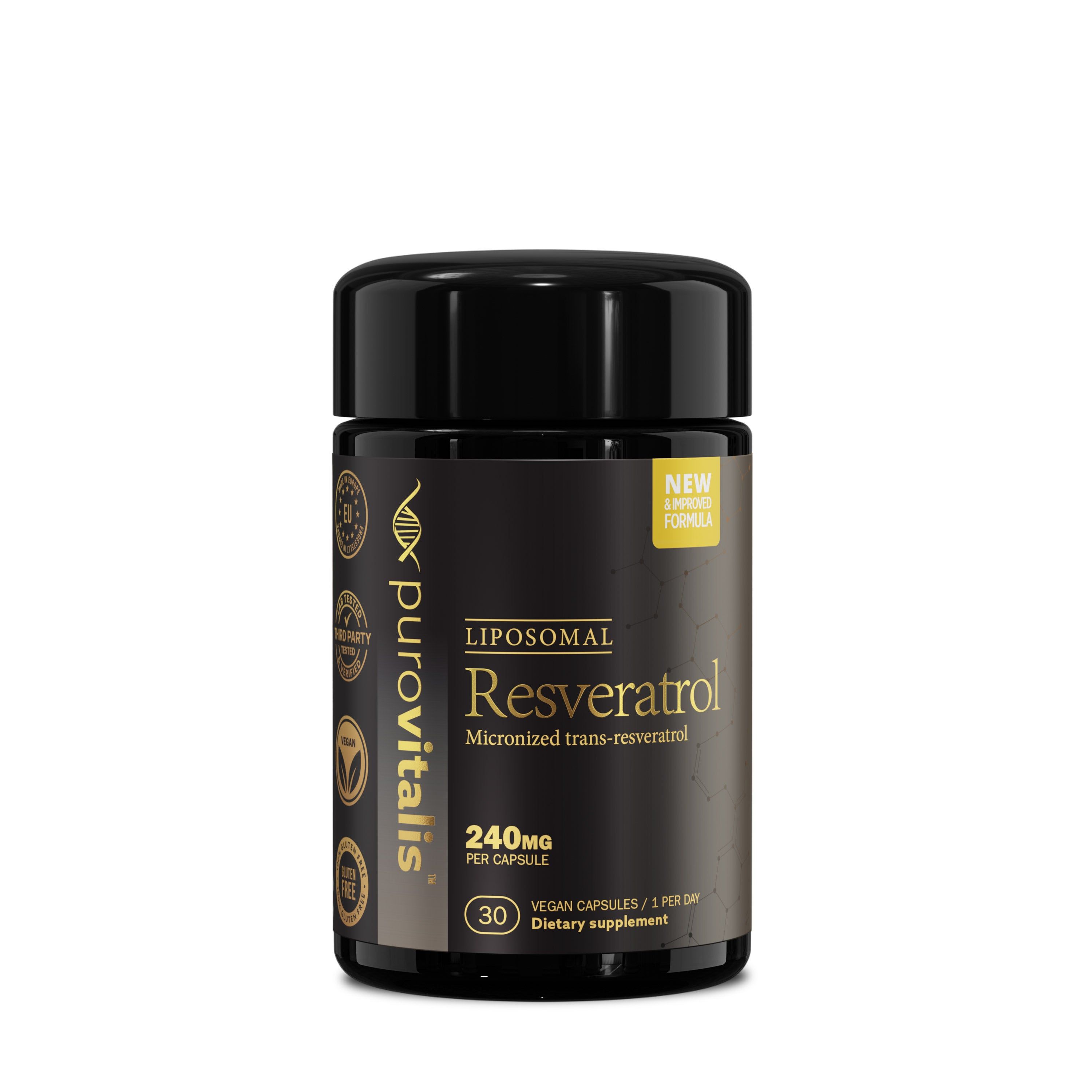 Zwarte fles 'Purovitalis Liposomal Resveratrol'. Bevat 30 vegan capsules. '240mg per capsule'.