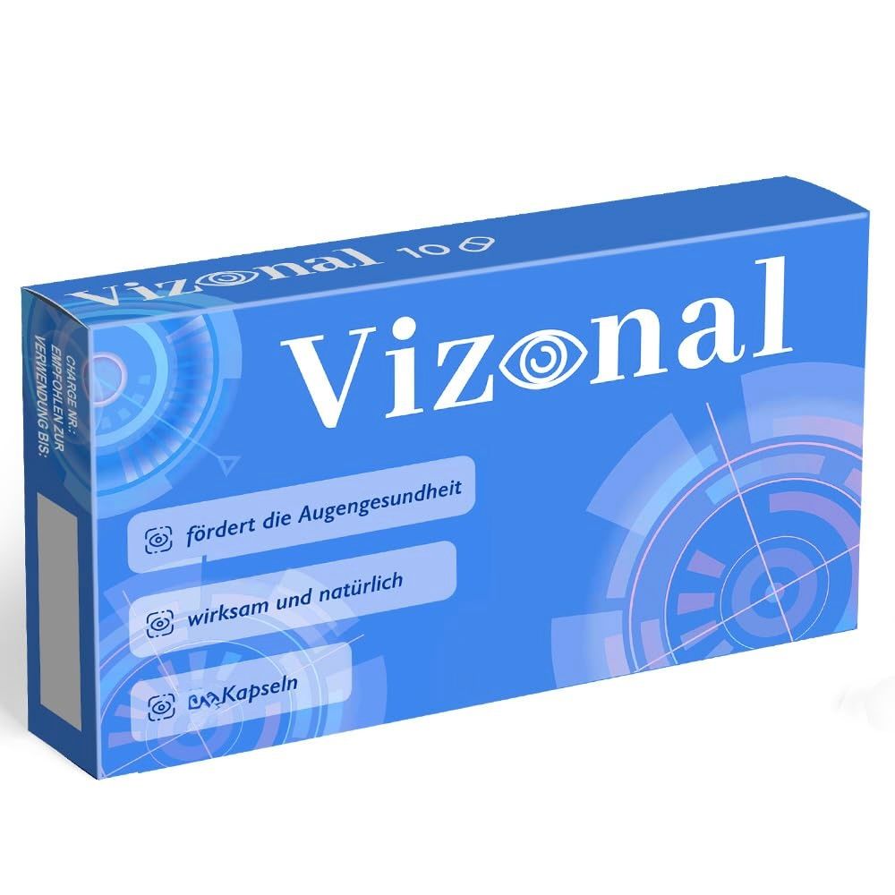 Blauwe doos met "Vizonal"-logo en tekst. Bevat informatie over het bevorderen van de gezondheid van de ogen en capsules.