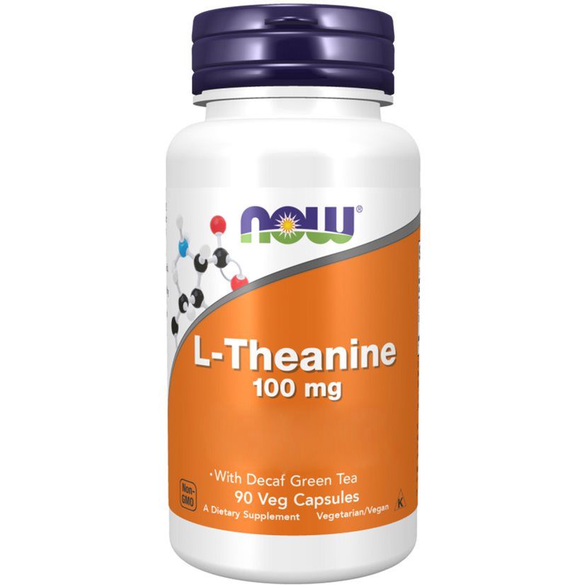 Flacon blanc avec bouchon violet. Étiquette orange avec nom du produit : L-Théanine, 100 mg. 90 gélules végétales. Marque NOW.