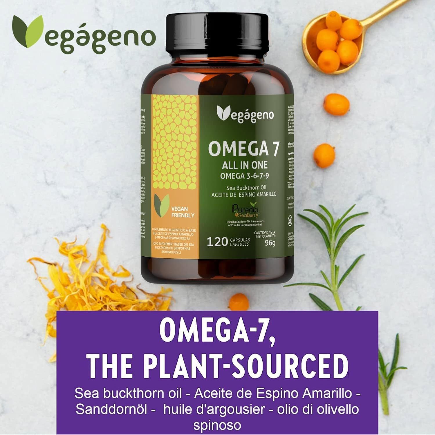 Bouteille Vegagenu Omega 7 avec baies d'argousier et texte 'The Plant-Sourced'.