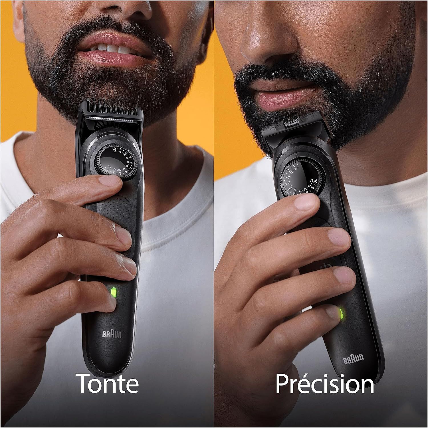 Tondeuse à barbe noire avec molette de réglage et LED verte, tenue par une main.