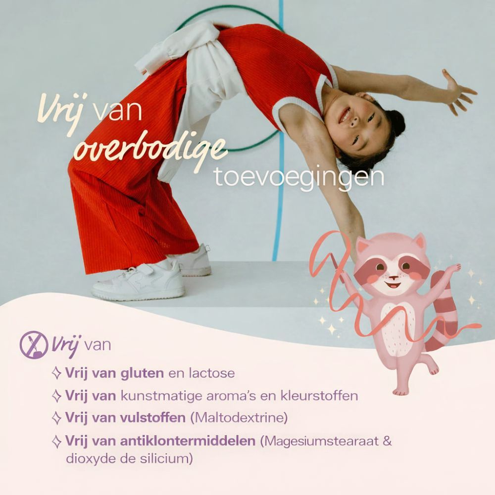 Kind in rode kleding. Tekst: Vrij van onnodige toevoegingen. Vrij van gluten en lactose, kunstmatige aroma's en kleurstoffen, vulstoffen.