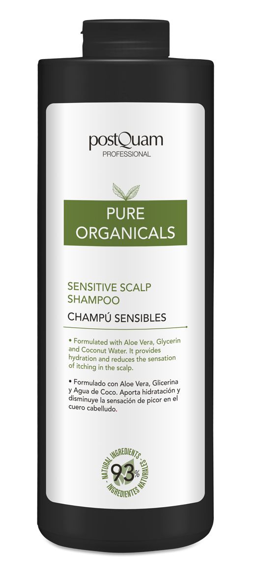 Zwarte fles met wit etiket. Opschrift: Pure Organicals Sensitive Scalp Shampoo. 93% natuurlijke ingrediënten.