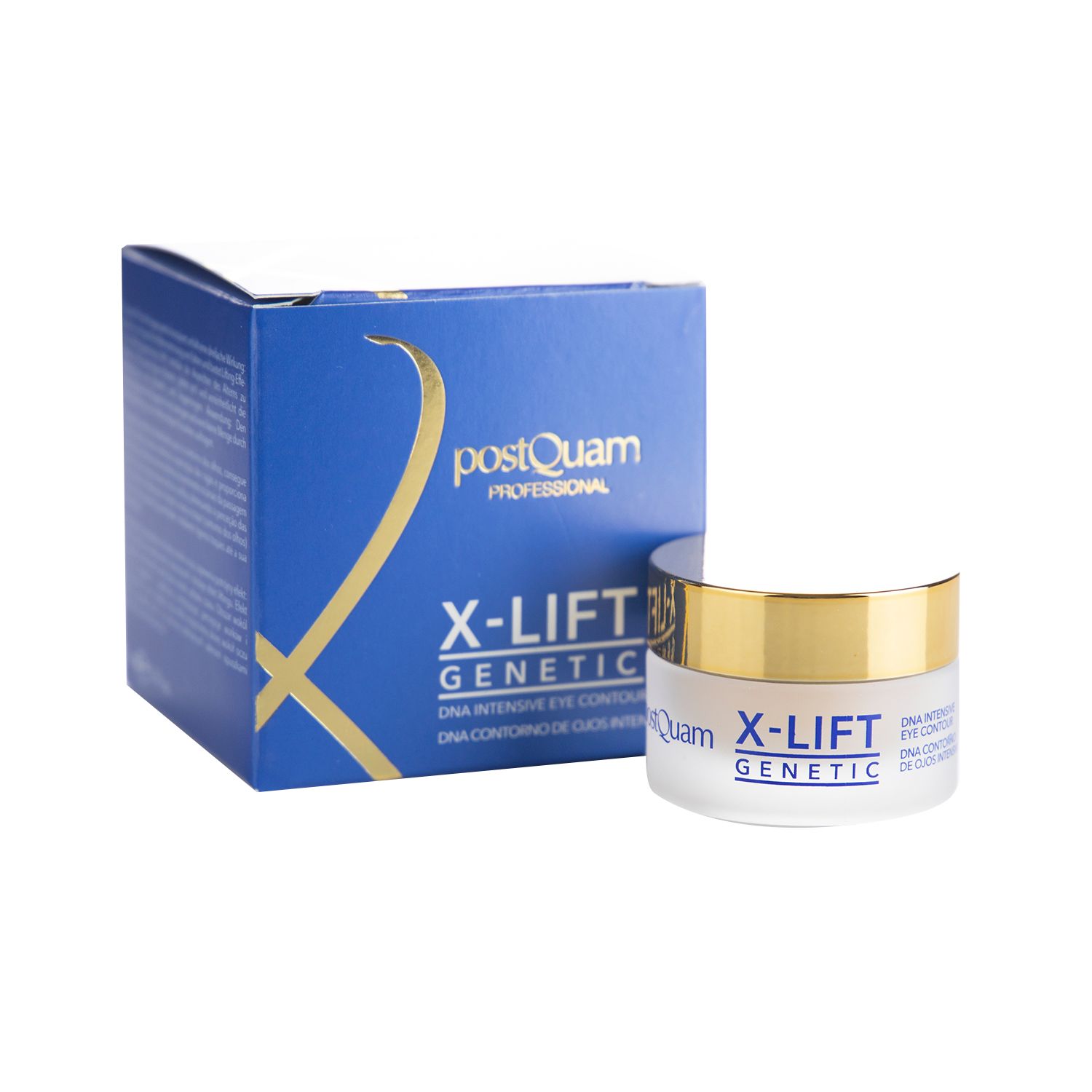 Pot de crème avec couvercle doré et emballage bleu. Inscription : X-LIFT GENETIC, DNA Intensive Eye Contour.