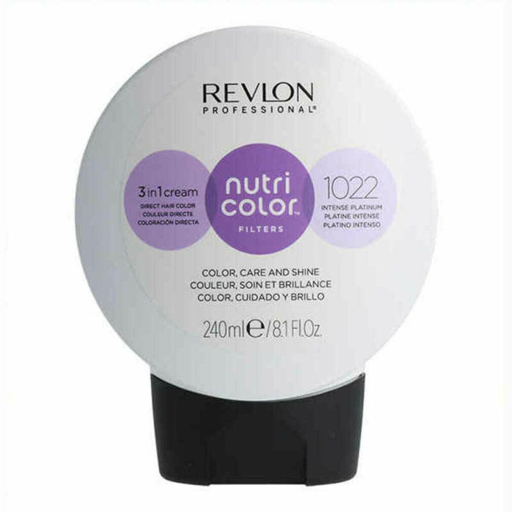 Haarkleurproduct van Revlon. Ronde tube met zwarte dop. Opschrift: Nutri Color Filters 1022 Intense Platinum. 3-in-1 crème.