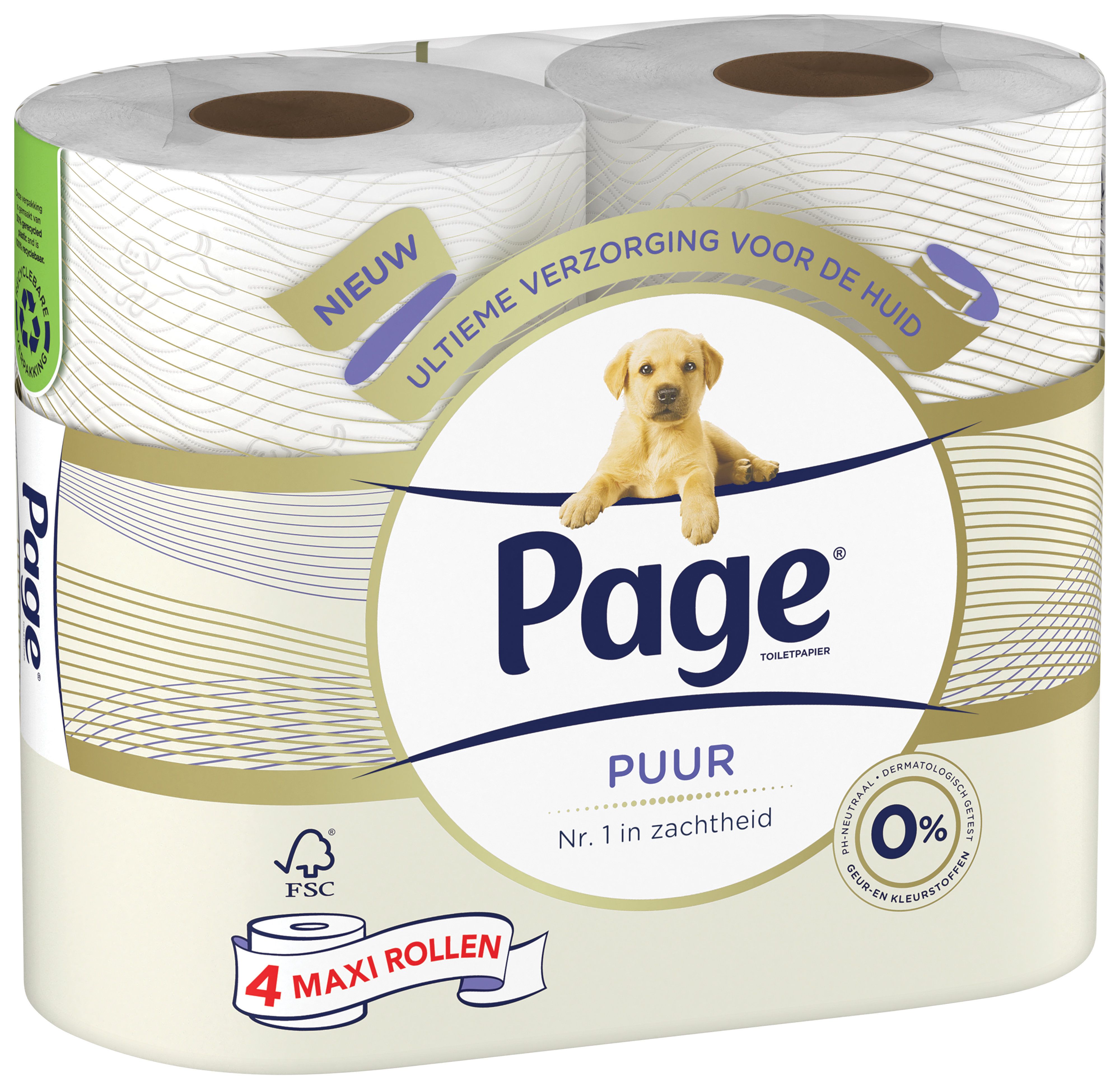 Verpakking met vier rollen toiletpapier. Merk Page, puppy, "Puur", "Nr. 1 in zachtheid", FSC-label.