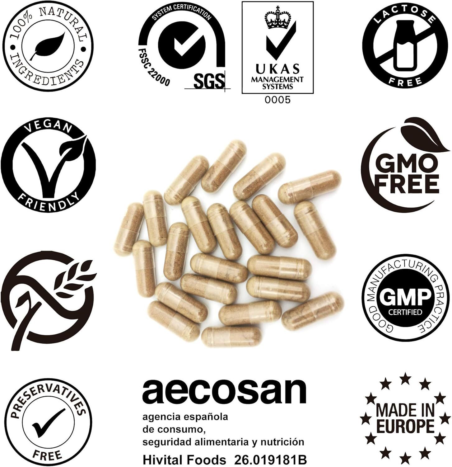 Stapel bruine capsules, omringd door diverse logo's, waaronder vegan, GMO-vrij en GMP-gecertificeerd.