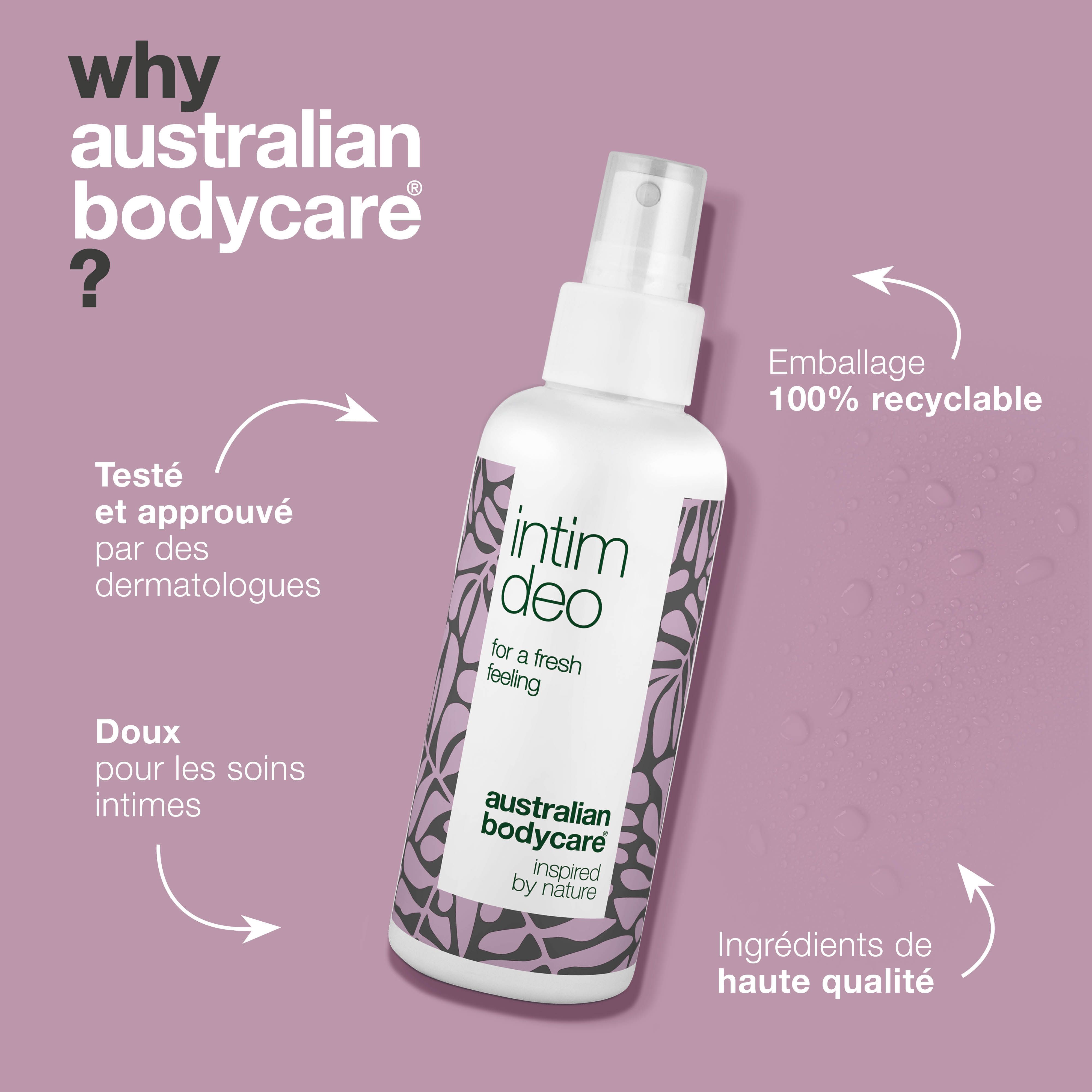 Publicité produit et solution. Spray Intim Deo. Texte : Testé et approuvé par les dermatologues.