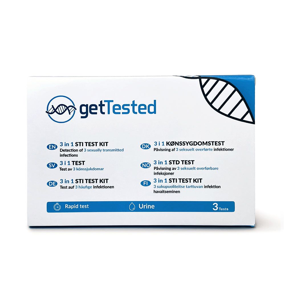 GetTested 3 in 1 STI Test doos. Voorkant met meertalige tekst. Logo en DNA-symbool. Bevat: 3 tests.