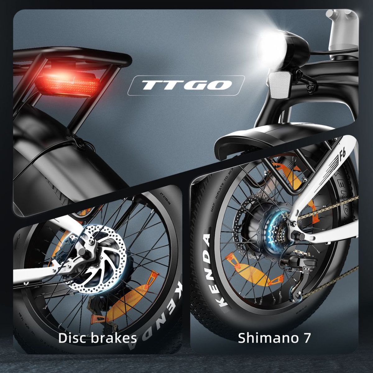 Close-up van e-bike componenten: schijfremmen, Shimano 7, merk TTGO, model F6.