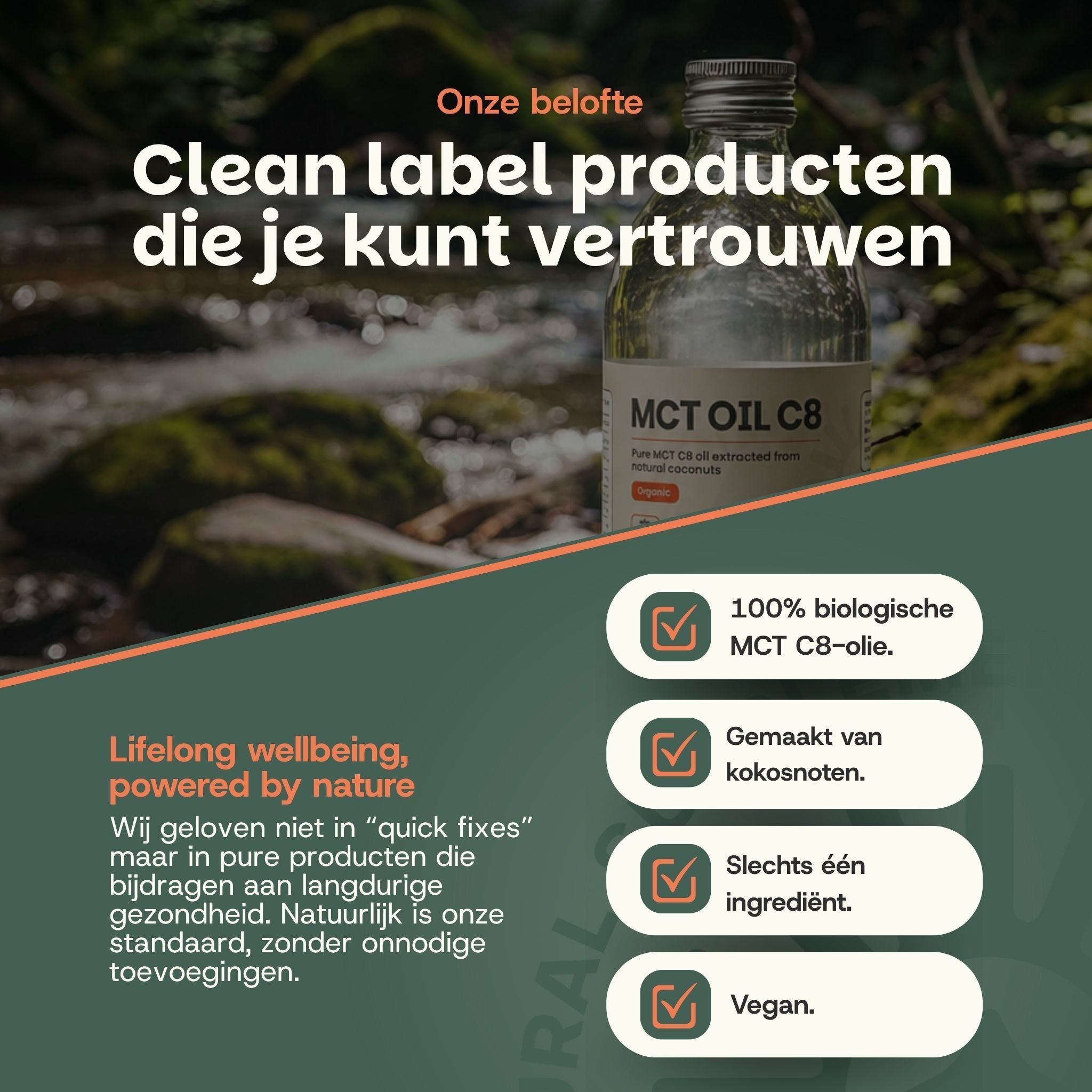 Fles GOYU MCT Olie C8 met bosachtergrond en productkenmerken.