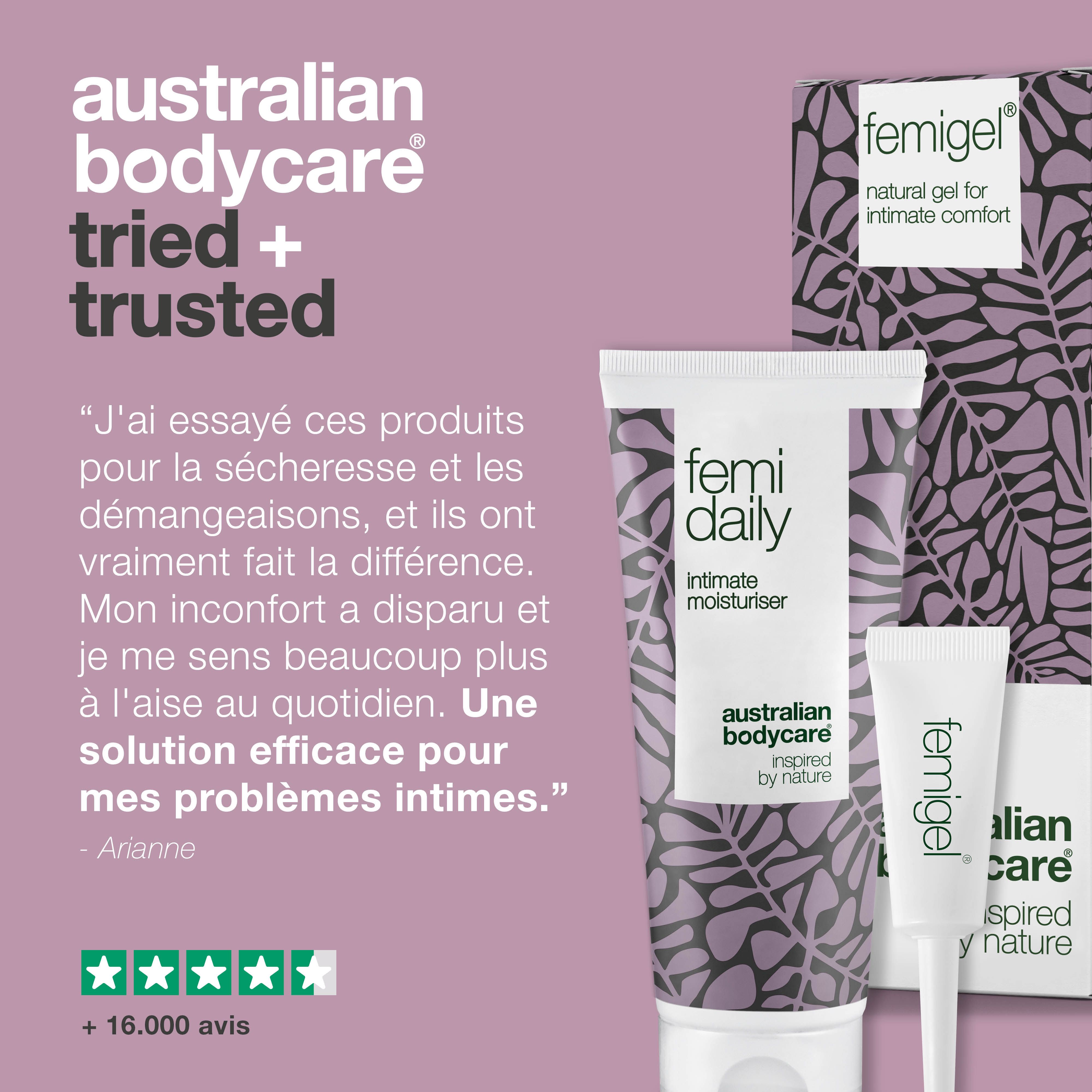 Femidaily, Femigel et emballage. Texte en français : Testé et approuvé. Logo : Australian Bodycare.