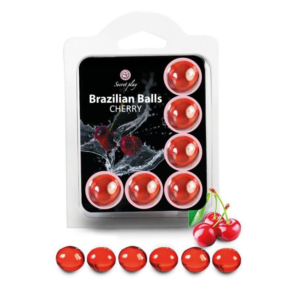 Emballage de 8 billes rouges, design cerise. "Secret Play Brazilian Balls Cherry" imprimé.
