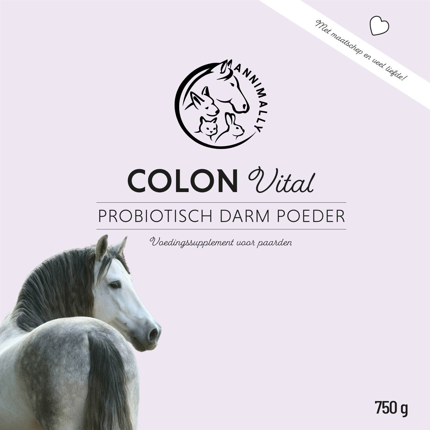 Productverpakking. Opschrift: Colon Vital, Probiotisch Darm Poeder. 750 g. Paardenafbeelding. Lichtpaarse achtergrond.